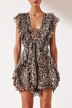 Shona Joy Mariposa Ruffle Lace Up Mini Dress Leopard