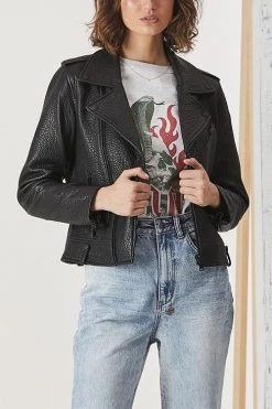 Ena Pelly Minimalist Biker Jacket Pebbled Black Black