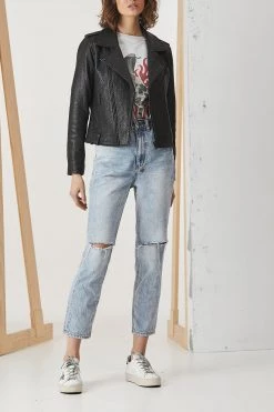 Ena Pelly Minimalist Biker Jacket Pebbled Black Black