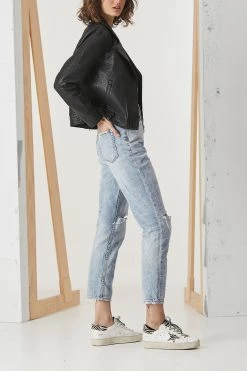 Ena Pelly Minimalist Biker Jacket Pebbled Black Black