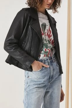 Ena Pelly Minimalist Biker Jacket Pebbled Black Black